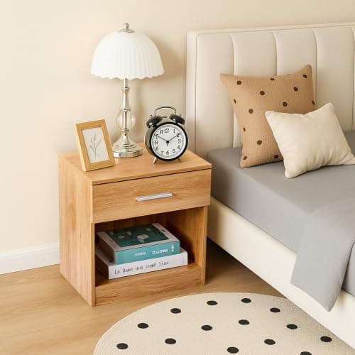 Karl home Bedside Table for Bedroom, Modern Natural End Table with 1 Drawer & Shelf, Wood Nightstand for Bedroom, End Table for Living Room near Sofa, Side Table, Metal Handle thumbnail 4