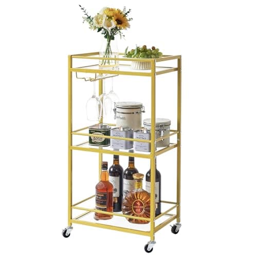 IBUYKE Home Bar Serving Cart,Small Bar Cart with 3-Tier Glass Shelf, Mobile Drink Shelf with Wine Holders and Glass Holders,Mini Bar for Outdoor, Small Space, Kitchen Gold TMJ519G thumbnail 3