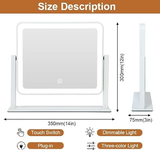 YEKKOPT Rechargeable Vanity Mirror with Lights, 14"×12" LED Makeup Mirror, Smart Touch Control, 3 Color Lighting with Adjustable Brightness,Cosmetic Mirror for Bedroom, Vanity Desk, Beauty Routine thumbnail 2
