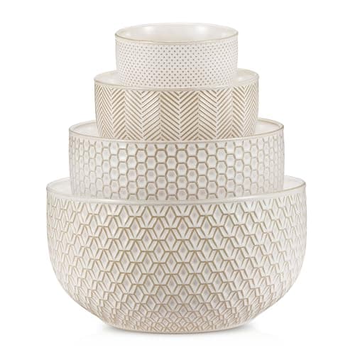 KooK Ceramic Mixing Bowls, Nesting Bowls, Set of 4, Embossed Kitchen Bowls, Prep, Serving, Gift, Microwave and Dishwasher Safe, 20/44/98/145 oz, Narbonne Collection (Ivory) - Image 1