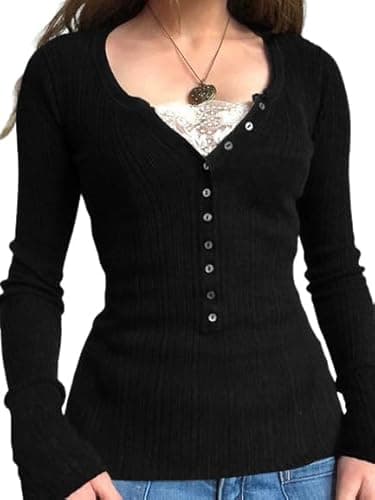 EMMIOL Lace Crop Button Up Shirts for Women Paneled Button Long Sleeve Knit Top Lightweight Slim Basic Knit Tunic Top Blouse
