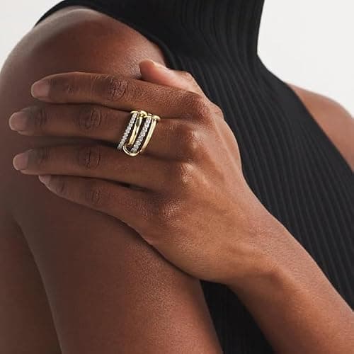 Bopiu Gold Stackable Rings for Women Non Tarnish, 18k Gold Plated Cubic Zirconia Rings, Silver Gold Multi Ring Mixed Metals Stack Rings Set thumbnail 3