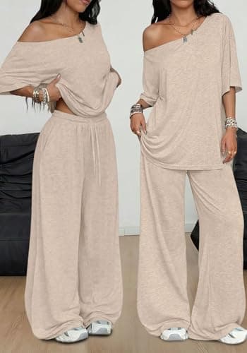 TDCoool Women's 2 Piece Matching Lounge Set Off The Shoulder Short Sleeve Top Wide Leg Sweatpants Set Casual Loungewear thumbnail 2