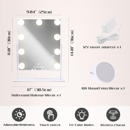 COOLJEEN Vanity Mirror with Lights and Bluetooth, Wireless Charging Lighted Vanity Mirror with Phone Stand, 9-Bulb 3 Color Lighting Tabletop Lighted Makeup Mirror, 360°Rotation - C-white-speaker & Wireless Charging-9 Bulbs thumbnail 5
