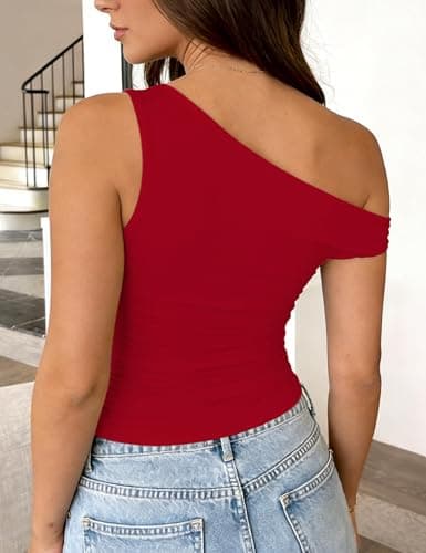 TiulZial Women Off Shoulder Going Out Tank Top Slim Fitted Shirts Double Lined Summer Outfits Y2k Cute Summer Top(Red,L) thumbnail 2