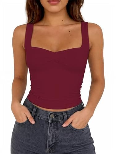 ForeFair Women's Sexy Sleeveless Tank Top Summer Going Out Top Pleated Sweetheart Neck Strap Tight Slim Fit Cute Tops(L,Burgundy) thumbnail 5