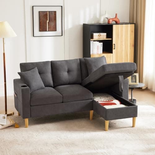Merax L-förmiges Ecksofa mit Chaiselongue, 3-Sitzer Sofa mit Stauraum und Getränkehalter, Modernes Polstersofa aus Baumwoll-Leinen Stoff mit 2 Kissen, L Sofa für Wohnzimmer, Büro und Wohnung thumbnail 6