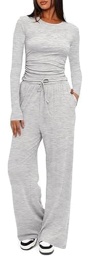OLIPHEE Ensemble Femme 2 Pièces Haut Manches Longues et Pantalon Fluide Jambe Large Ensemble Chic et Elegant Survêtement Femme Combinaison Outfit Yoga Fitness Jogging - Image 1