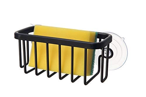 SunnyPoint NeverRust Kitchen & Bathroom Sink Caddy for Sponges, Scrubbers, Soap, 6" x 2.5" x 2.65", with Adhesive Mount - Additional Suction Cup Included –Aluminum (Black) - Image 1
