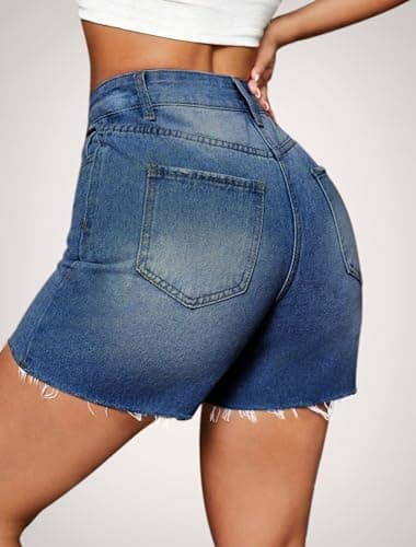 IWD Womens Jean Shorts High Waist Ripped Stretchy Jorts Frayed Raw Hem Casual Summer Denim Shorts (Dark Blue, XX-Large) thumbnail 3