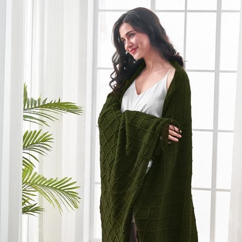 inhand Knitted Throw Blankets for Couch and Bed, Soft Cozy Knit Blanket with Tassel, Dark Green Lightweight Decorative Blankets and Throws, Farmhouse Warm Woven Blanket for Men and Women, 50"x60" thumbnail 6