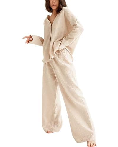 codcm Womens Cotton Gauze Loungewear Sets Casual 2 Piece Sleepwear Button Down Shirt and Wide Leg Pants Outfits - Image 1