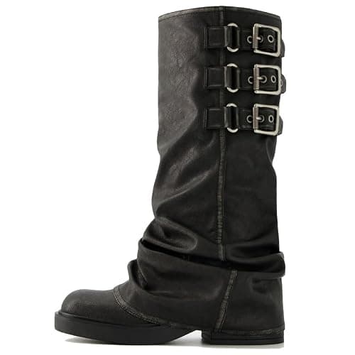 ClassicSter Fold Over Knee High Boots Slouch Boots for Women Chunky Goth Platform Boots,2 inch Heel Wide Calf Long Boots Square Toe Riding Boots - Image 1