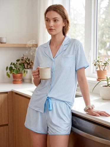 KFUBUO Women's Striped Pajama Sets 2 Piece Summer Short Sleeve Button Down Shirts Matching Shorts Set with Pockets 2026 Blue thumbnail 5
