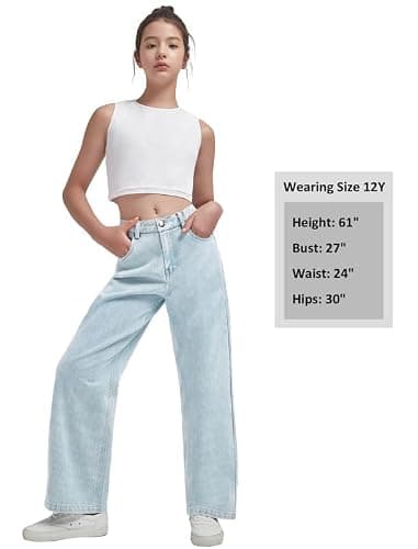 EXARUS Girls Wide Leg/Flare Jeans Bow Embroidery/Leopard Print Denim Pants with Pockets Casual for Kids 6-14Y thumbnail 3