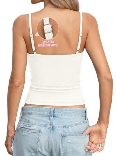 EasyGala Womens Cotton Ribbed Henley Tank Tops Square Neck Top Sexy Low Cut Backless Camisole Adjustable Spaghetti Strap Fitted Sleeveless Shirts Summer 2026 White L thumbnail 6