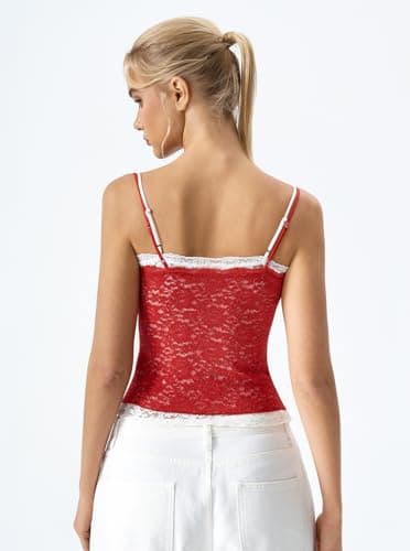 QINSEN Two-Tone Double Layer Lace Cami Tank for Women Scoop Neck Spaghetti Straps Sleeveless Camisole Shirts Red L thumbnail 2
