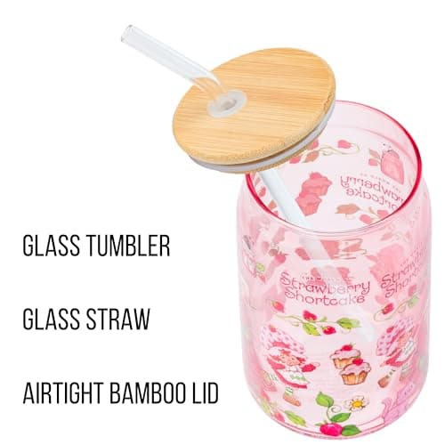 Silver Buffalo Strawberry Shortcake Berry Print Glass Tumbler with Bamboo Lid and Glass Straw Featuring Strawberry Shortcake and Custard, 16 Ounces thumbnail 4