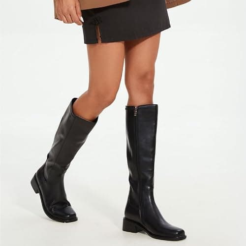 QIY Knee High Boots Women Faux Leather Elastic Boots Low Heel Square Toe Side Zipper Fall Long Tall Boots for Women thumbnail 3
