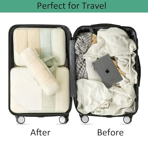 Lanmalaterra 8pcs Compression Packing Cubes Travel Packing Cubes Packing Organisers Storage Bags Clothing Sorting Packages Travel Acessories Essentials Expandable uggage-Beige thumbnail 6