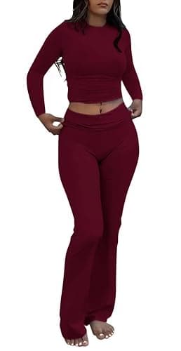 AYWA Women's 2 Piece Outfits Foldover Flare Pants Long Sleeve Crew Neck T-shirt Fitted Pajama Sets - Image 1