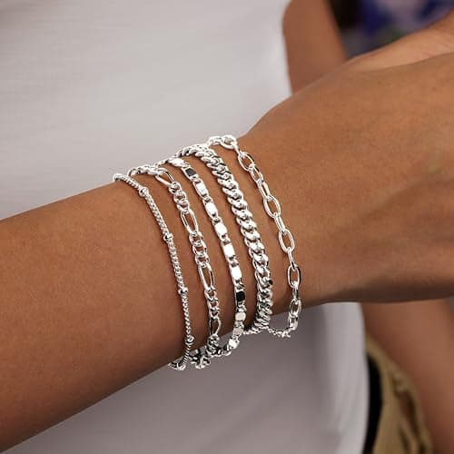 Gokeey Gold Bracelets Set for Women Non Tarnish Trendy,14K Gold Plated Dainty Stackable Paperclip Cuban Link Chain Bracelets, Simple Cute Cuff Bracelets Jewelry Set Adjustable 7"+2" thumbnail 9