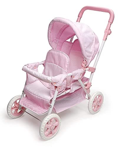 Badger Basket Double Front to Back Stroller for Dolls - Lightweight Foldable Toy Pram with Gingham Fabric Canopy and Storage Basket – Fun Pretend Play for Kids Ages 3 and Up - Pink - Image 1