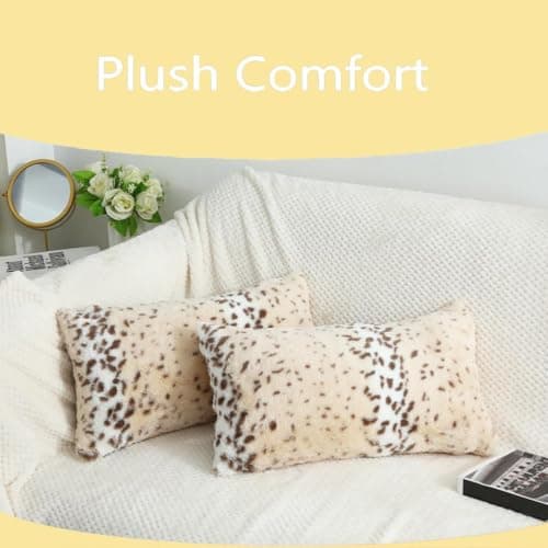 Entua Throw Pillows Covers, Fluffy Faux Fur Pillow Case Snow Leopard Cheetah Print Animal Decorative Lumbar Rectangle Cushion Cover for Couch Sofa Bedroom Living Room, 12x20, Beige thumbnail 3