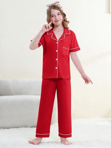 QZH.DUAO Girl & Women's 100% Cotton Short Sleeves and Long Pants Pajama Set,2-Piece, 5 Years - Large, Red, 11-12 Years thumbnail 4