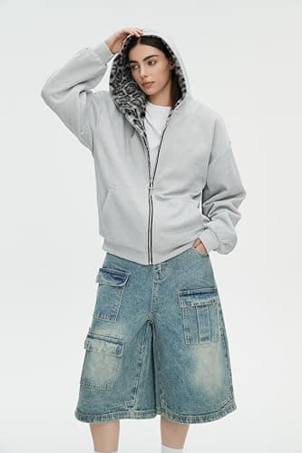 CUTEGAL Zip Up Hoodie Oversized Leopard Print Jacket Reversible Streetwear Fall Grunge Hoodies Streetwear thumbnail 5