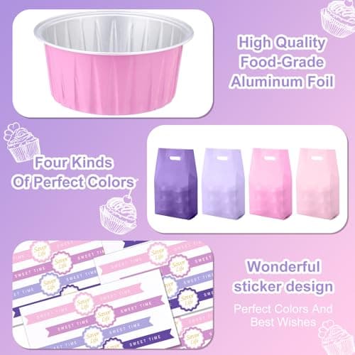 Acellegic 424 Pack Pink and Purple Mini Cake Pans Set with Lids and Spoons Include 5oz Disposable Aluminum Foil Baking Pans, Lids, Spoons, Sealing Stickers and Gift Bags for Cupcake, Pudding, Muffin thumbnail 3