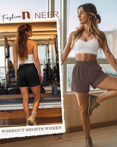 Neer 3 Pack Women's Athletic Shorts Lightweight 5'' High Waisted Elastic Wide Leg Yoga Lounge Casual Workout with Pockets(L,Black,Cream,Dark Brown) thumbnail 2