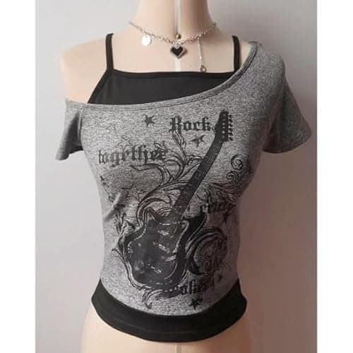 Emo Grunge Shirts Women Graphic Baby Tees Fake Two Piece Short Sleeve Vintage Y2k Crop Top Goth Alt Clothes - Grey Black - Small thumbnail 4