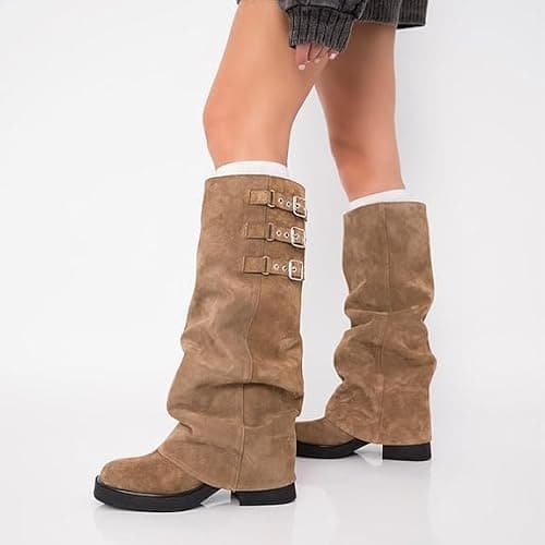 MAVMAX Women Slouchy Knee High Boots Casual Round Toe Pull On Riding Biker Boots Fold Over Chunky Low Heel Platform Boot thumbnail 5