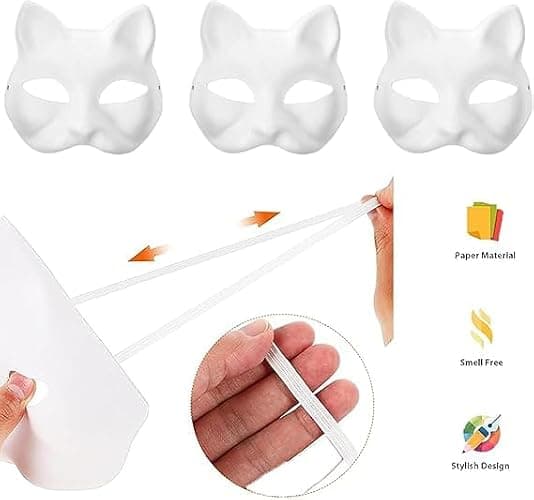 XYBHRC Cat Mask, Therian Masks White Cat Masks Blank DIY Halloween Mask Animal Half Facemasks Masquerade Cosplay Party thumbnail 3