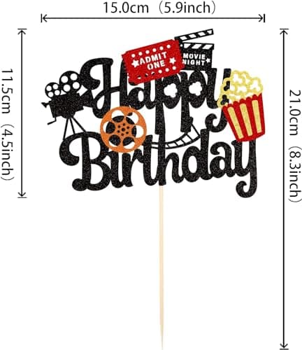 Confetti! Movie Night Cake Topper Happy Birthday Sign Cake Pick Decorations for Theater Video Recorder Roll Camera Popcorn Hollywood/Bollywood Theme Birthday Party Supplies thumbnail 2