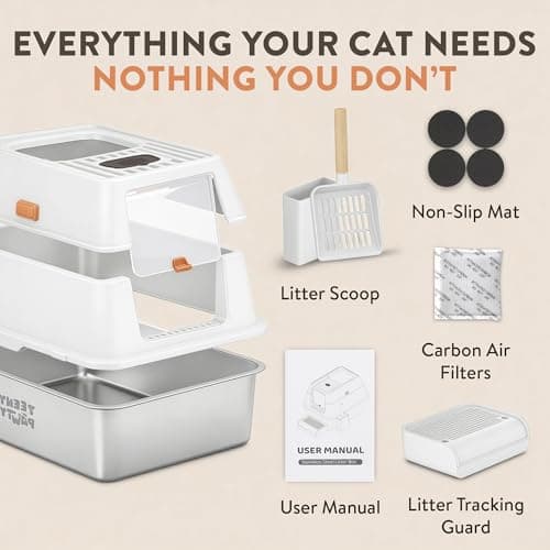 XL Stainless Steel Cat Litter Box with Enclosure and Pooper Scooper - Durable Black Metal Litter Box for Big Cats, High Sides for Anti-Leakage, Never Absorbs Odors, Non-Sticky - (60x40cm) (White) thumbnail 8