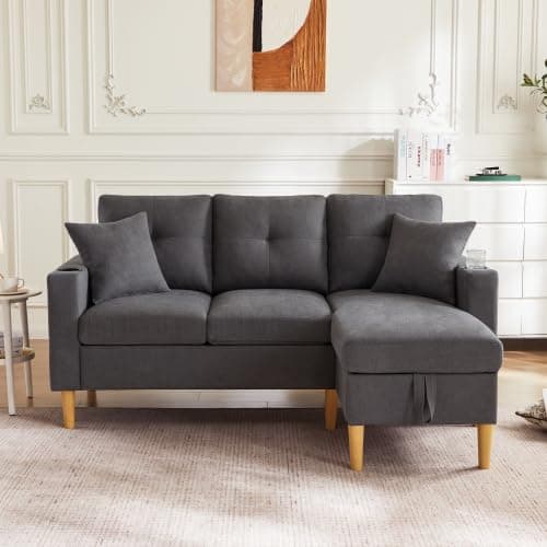 Merax L-förmiges Ecksofa mit Chaiselongue, 3-Sitzer Sofa mit Stauraum und Getränkehalter, Modernes Polstersofa aus Baumwoll-Leinen Stoff mit 2 Kissen, L Sofa für Wohnzimmer, Büro und Wohnung thumbnail 7