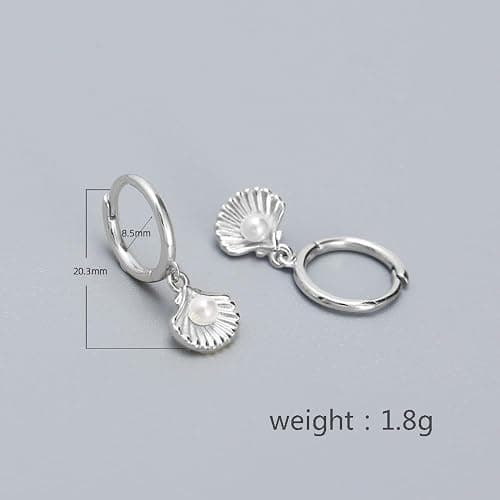 Cute Shell Pearl Huggie Small Hoop Earrings Dangle Drop for Women Teen Girls 925 Sterling Silver 14K Gold Filled Boho Beach Simple Charm Hoops Delicate Hypoallergenic Summer Jewelry Gift Daughter thumbnail 2