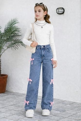 Civpe Girls Baggy Wide Leg High Waist Jeans with Bow Kids Denim Pants for Girls 7–14 Trendy Y2K Casual School Jeans Medium Blue thumbnail 4