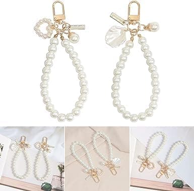 Jowxsx White Heart Pearl Keychain Phone Chain Pendant Shell Pearl Bag Keyring Hanging Ornament Car Key-Holder Decor Women's Keyrings and Keychains thumbnail 2