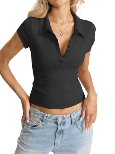 Eachyes Womens Polo Short Sleeve Shirts Golf Collared Summer Tops Tight Business Casual Outfits Sexy V Neck Tee Cap Sleeve Button Down T Shirts Work Going Out Clothes 2026 Black Medium thumbnail 4