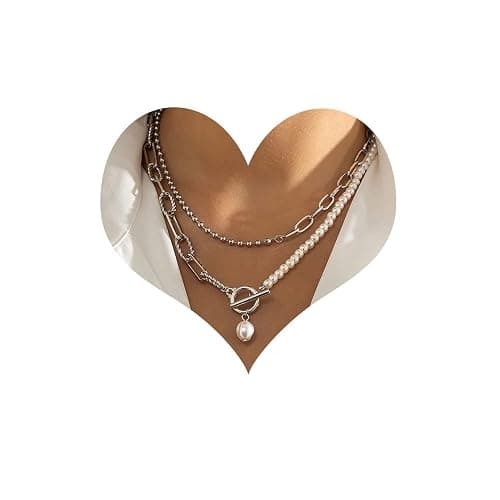 Bethynas Dainty Silver Layered Baroque Pearl OT Clasp Necklace Stacking Beaded Ball Chain Paperclip Pearl Chain Retro Necklace for Women - Image 1