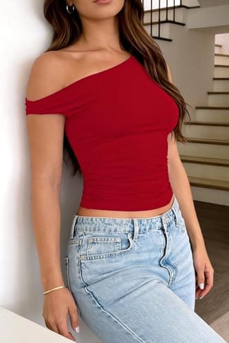 TiulZial Women Off Shoulder Going Out Tank Top Slim Fitted Shirts Double Lined Summer Outfits Y2k Cute Summer Top(Red,L) thumbnail 5