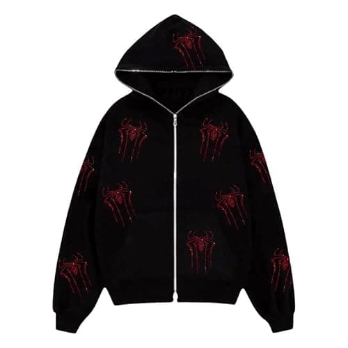 CEINOM Rhinestones Red Spider Y2k Hoodie Men Women Full Zip Up Hoodie Oversized Jacket Black Gothic Punk Sweatshirts - Image 1