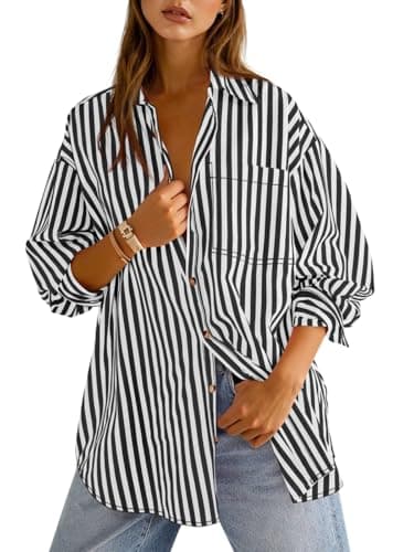 Cicy Bell Womens Oversized Striped Button Down Shirts Boyfriend Long Sleeve Collared Work Blouses Black - Image 1