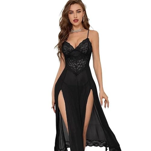 txsrbsj Women Lingerie Sexy Split Mesh Lace Floral Sheer Babydoll Lingerie Deep V Nightwear with Thong - Black - Large - Image 1