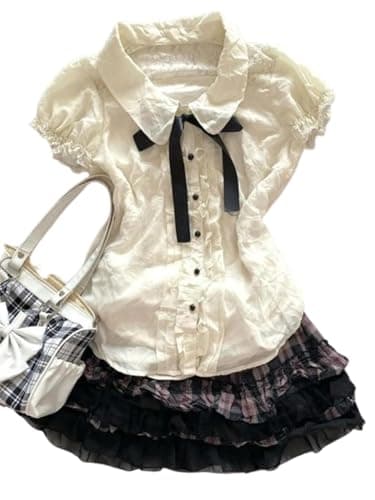 Wayolyn Lolita Shirts Kawaii Cute Clothes Blouse Lace Short Jirai Kei Fashion Puff Sleeve Shirt Ruffle Top with Bow Cutecore - Image 1
