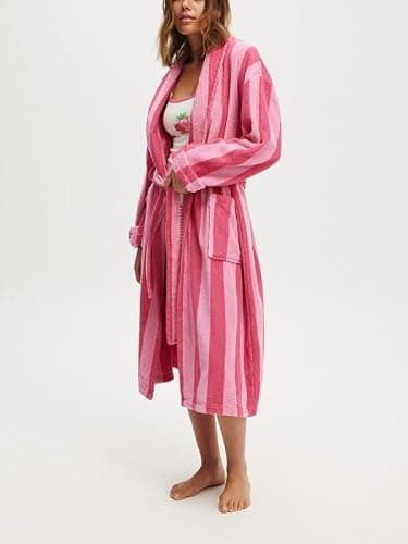 Leyajedol Women’s Striped Shawl Robe Plush Fleece Nightgown BathRobe With Belt Long Sleeve Graphic Bathrobe With Pockets thumbnail 2