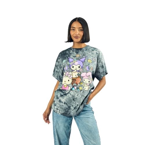 Kuromi, My Melody and Hello Kitty Puff Print Mushroom Scene Women's Black Cloud Wash Crew Neck Short Sleeve T-Shirt thumbnail 7